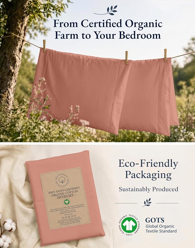 LANE LINEN King Size Fitted Sheet, 100% Organic Cotton, 3-Piece Set (1 Fitted Sheet,2 Pillowcases), Percale Weave, Ultra Soft, Breathable,Fits Mattress Upto 15" Deep - Rose Dawn (No Flat Sheet)