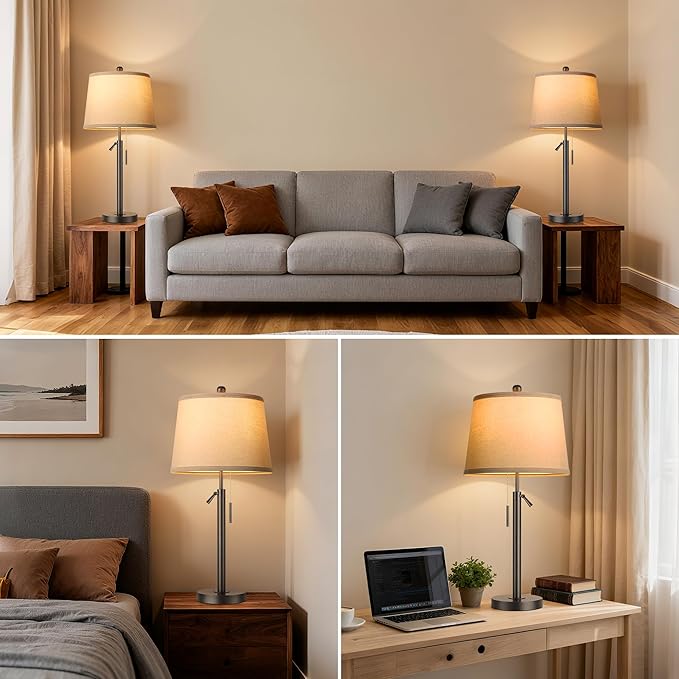 PARTPHONER Bedside Table Lamps Set of 2, Tall Black Table Lamps for Living Room, Height Adjustable Nightstand Lamps for Bedroom, Modern Lamps with Pull Chain for End Table Office(LED Bulbs Included)