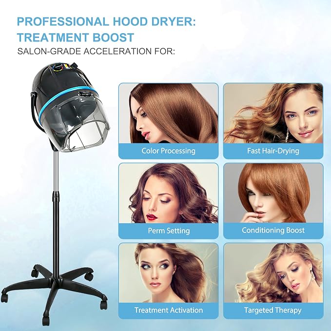 Nova Microdermabrasion Professional Hooded Floor Hair Dryer Adjustable Bonnet Hair Dryer Stand Up with Timer and Rolling Wheels for Beauty Spa Home Salon Equipment (Black)
