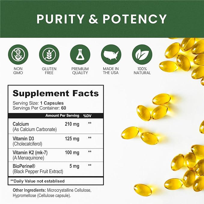 Vitamine K2 D3 avec BioPerine - 5000 UI D3 + K2 MK-7 pour la santé des os et du cœur - 60 capsules végétaliennes