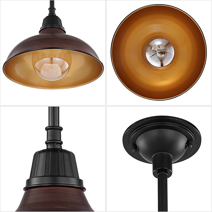 JONATHAN Y 12.25" Wood Finish/Copper Farmhouse Indoor/Outdoor LED Pendant Iron Hanging Light, and Black 1-Light Metal Shade, Rustic Ceiling Lamp for Kitchen Island, LED Bulb Included (JYL7611G)