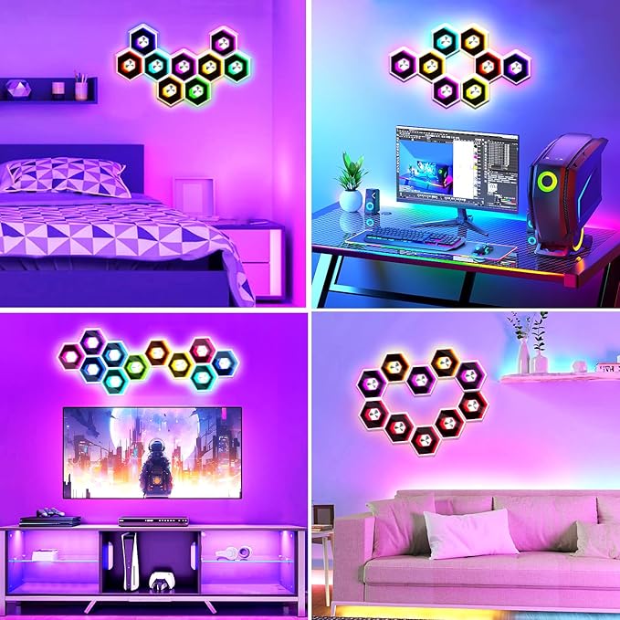 Hexagon LED Lights - 8 Pack Smart APP RGB Gaming LED Light with Remote Control & Music Sync Honeycomb Shape Hexagon Wall Lights for Bedroom, Living Room Wall, Gaming Decor