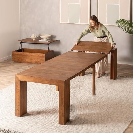 Transformer Table - Solid Wood Extendable Dining Table, Seats 2-12, Expandable Dining Room Table, Space-Saving Furniture, Kitchen and Dining Room Furniture (Brown, Table + Coffee Table)