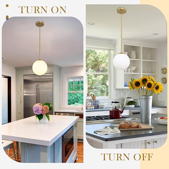 Bagood 8" Globe Pendant Light Gold Mid Century Modern Light Fixture Globe Pendant Lights Kitchen Island Milk Glass Pendant Light Brushed Brass Finished with Milk Glass Lampshade for Dining Room