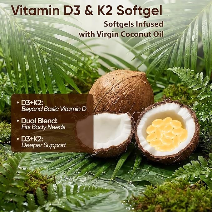Real Good essentials VitaminD3 & K2 Coconut Oil Softgels Capsules | D3 10,000 IU + K2 MK-7 200 mcg | Upgraded High-Potency Formula for Bone, Immune Health, Boosts Energy & Calcium Absorption (1pc)