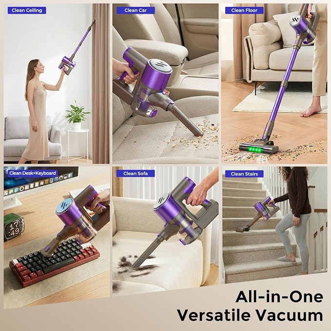 WLOTPO Vacuum Cleaners for Home,Cordless Vacuum Cleaner,Lightweight Stick Vacuum Cordless Rechargeable,Self-Standing Design,LED Touch Screen,Vacuum for Hardwood Floors,Carpet,Pet Hair(Blue Purple)