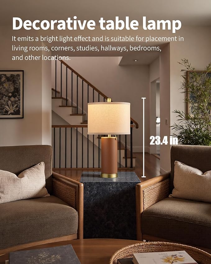 KDG 23.4" Brown PU Leather Table Lamps for Living Room Set of 2, E26 Socket LED Modern Home Decor Fabric Lampshade Desk Lamp Lighitng for Bedroom, Bedside, Farmhouse, Nightstand, Night Light