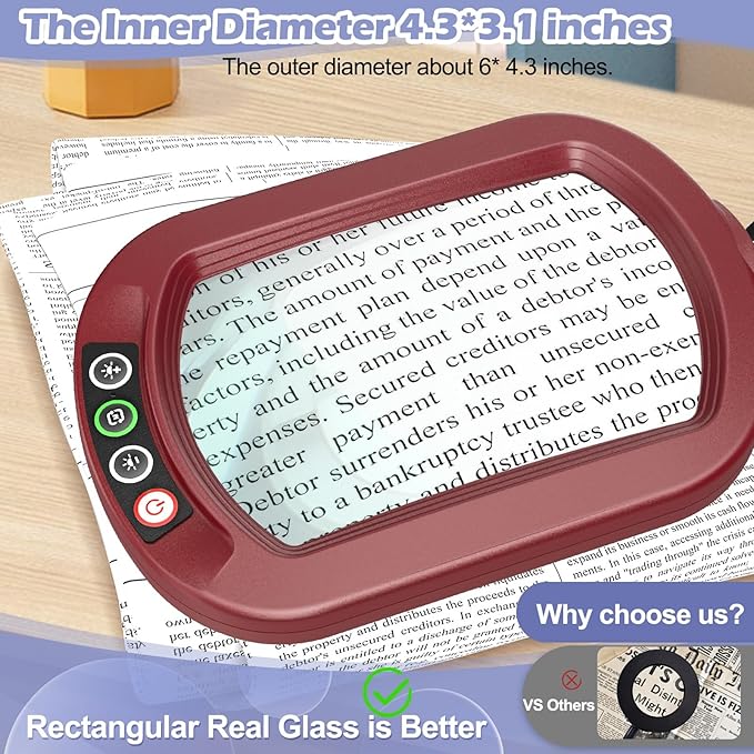 Drdefi 10X Square Magnifying Glass with Light and Stand, Real Glass LED Lighted Magnifier, 5 Color Modes Stepless Dimmable, Hands-Free Mag Desk Lamp with Clamp for Reading Craft Hobby Close Work Red