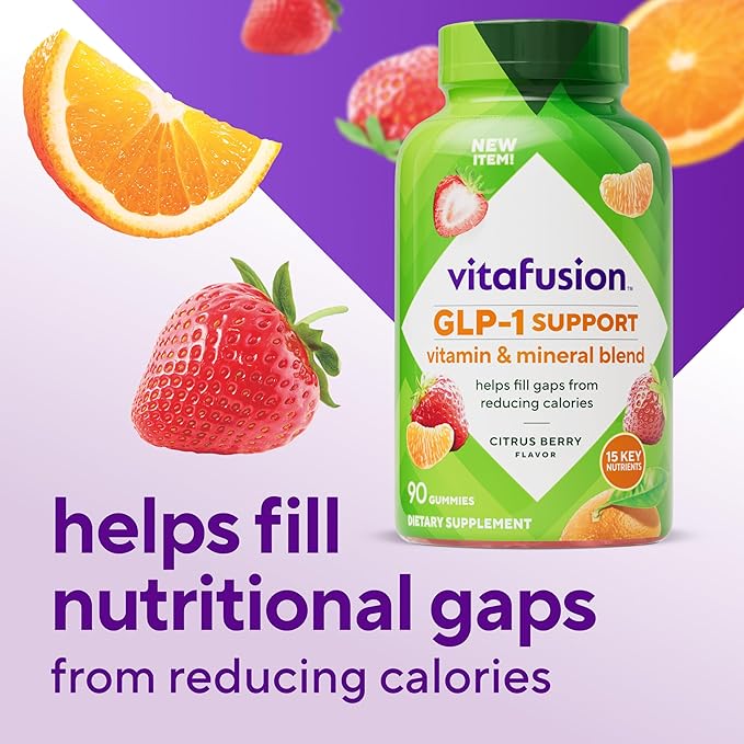 vitafusion Soutien GLP-1 Multivitamine, Mélange de vitamines et de minéraux, 15 nutriments essentiels, Saveur agrumes et baies, 90 unités, Approvisionnement de 45 jours