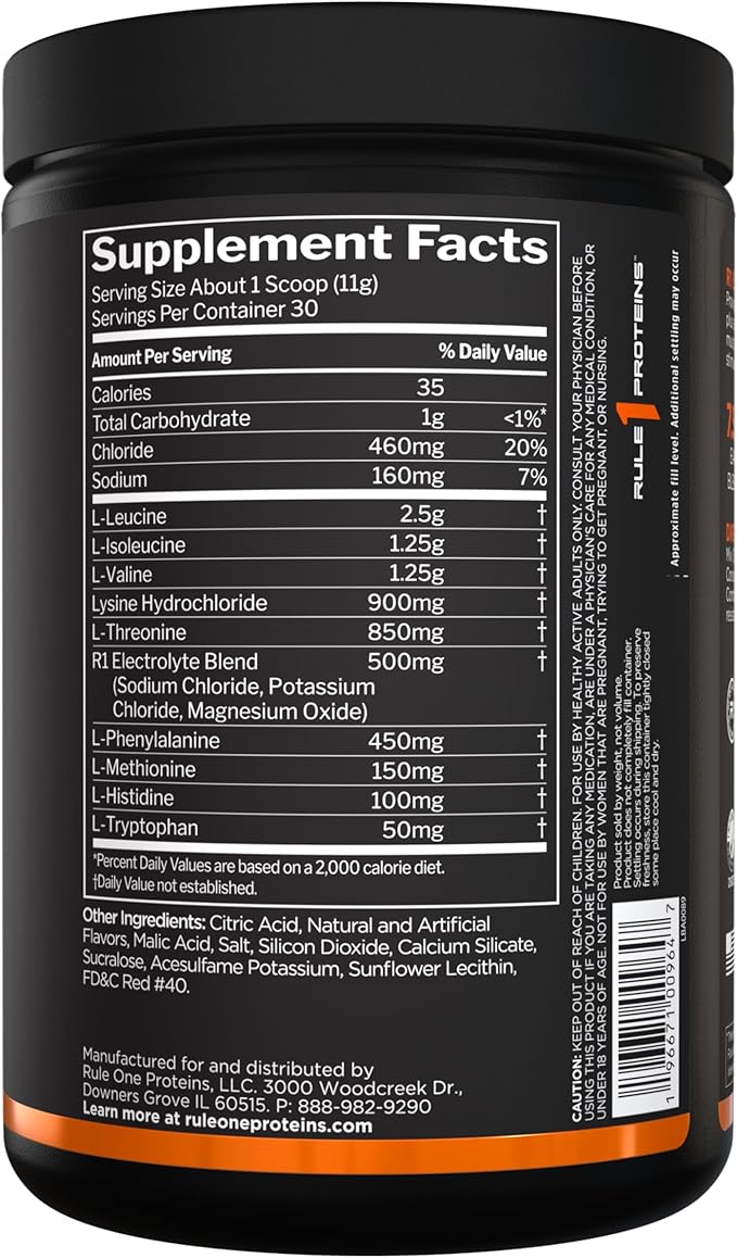 Rule 1 Proteins Essential Amino 9 – Recovery & Hydration Support with 7.5g of Essential Amino Acids + Electrolytes (30 Servings, Fruit Punch)