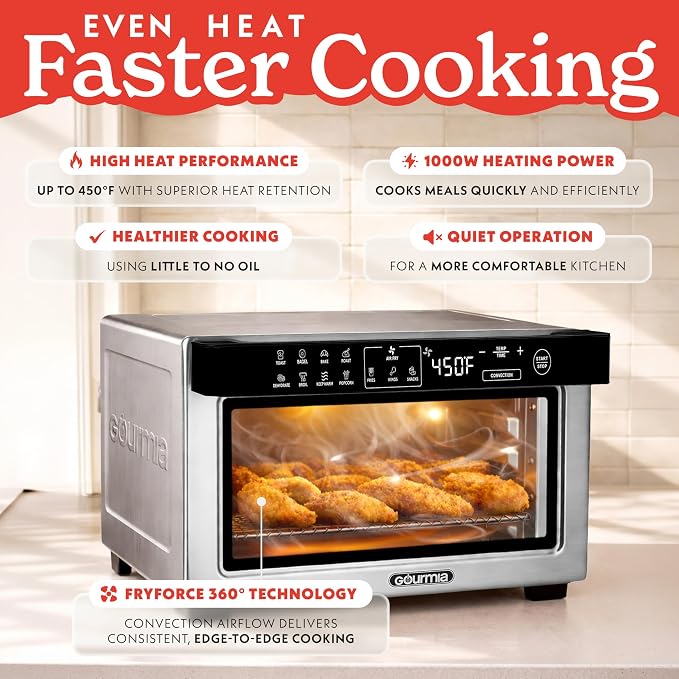 Gourmia Toaster Oven Digital Air Fryer - Convection Mode with 4 Slice Capacity, 3 Rack Positions, 12 Presets, Toast, Bagel, Bake, Roast, Broil, Dehydrate, Popcorn, Fits 9" Pizza, Stainless Steel