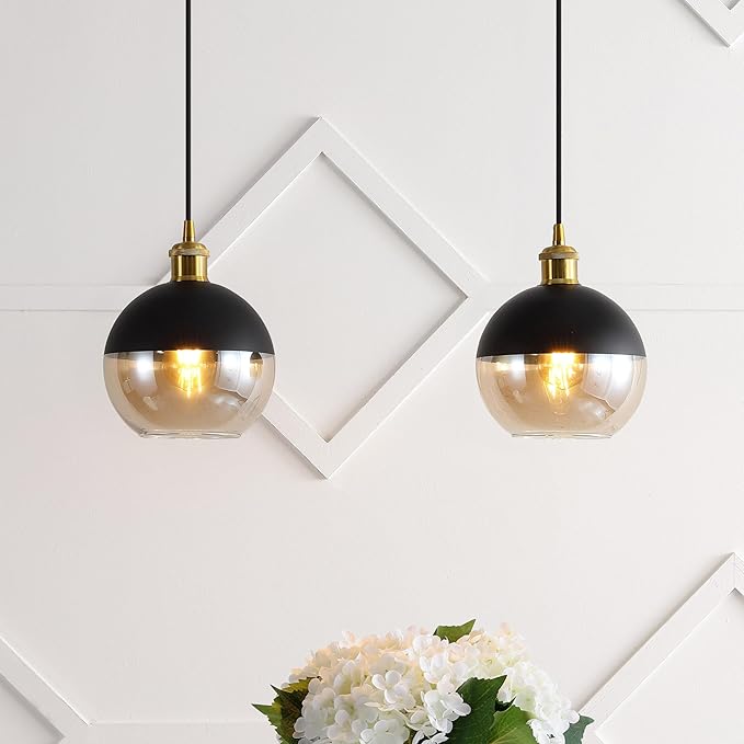 JONATHAN Y 7.5" Brass Gold/Black 1-Light Mid-Century Modern Globe Pendant Light, Adjustable LED Hanging Ceiling Fixture, Champagne Smoked Glass Shade for Kitchen Island (JYL3513A-SET2)