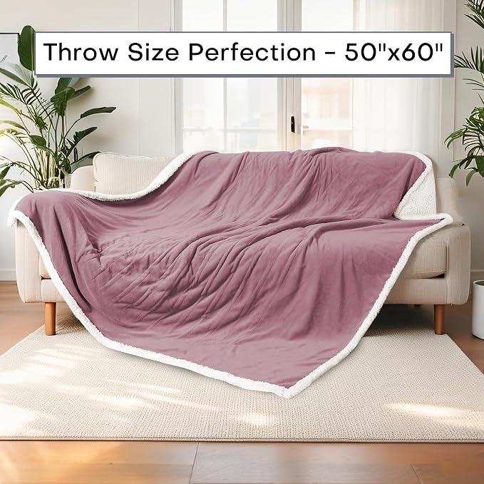 Electric Heated Blanket Throw Size 50"x60" – ETL Certified for Safe Overnight, 4 Heat Settings & 3H Auto Off, Dual-Sided Microplush Sherpa for Home Theater Night, Machine Washable – Berry