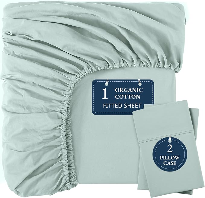 LANE LINEN Full Size Fitted Sheet & Pillowcases (No Flat Sheet) - 100% Organic Cotton Soft & Breathable Percale Weave Fitted Sheet Set - 15'' Deep Pocket For Snug Fit - GOTS Certified - Cool Blue