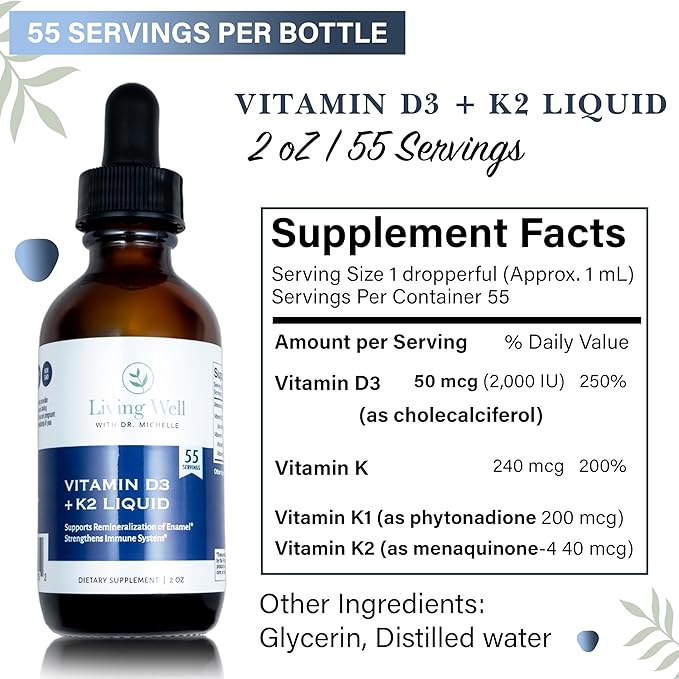 Vitamine D3 liquide 2000 UI avec K2 + K1 – Supplément de soutien immunitaire et osseux – Développé par des dentistes pour des dents et des os solides et une meilleure absorption du calcium – Sans OGM, sans gluten, sans soja – Goût agréable – 60 ml