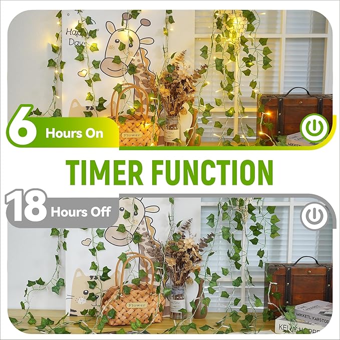 KASZOO 33FT 100 LED Ivy Vine Lights - PVC Plug in Leaf String Lights with Remote & Timer, Pre-Wrapped Garland for Bedroom Wall Garden Decor