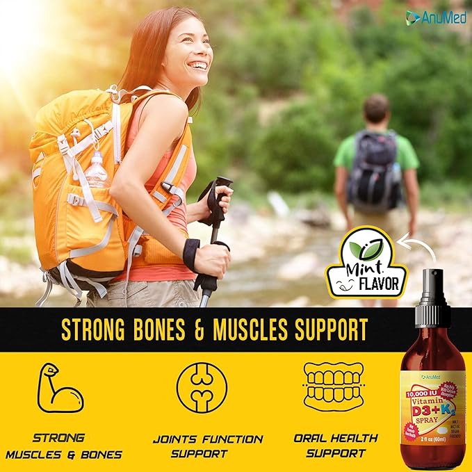 Vitamine D3 K2 10 000 UI Spray liquide avec huile de TCM biologique, Vitamine A (Rétinol) 1250mcg, K2 (MK4, MK7) Favorise la santé du cœur, des os, du système immunitaire. 100% végétalien, sans OGM, sans gluten, sans sucre ajouté (60 ml)