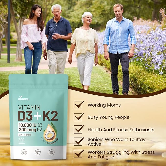 Vitamin D3 10000 iu Plus K2 (MK-7) 200 mcg, 300 Coconut Oil Softgels| 2 in 1 VIT D & K Complex | Supports Calcium Absorption, Bone, Immune, & Heart Health – Easy to Swallow (600 Softgels /2 Bag)