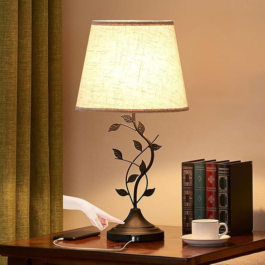 Kakanuo Table Lamp for Bedside, Lamp for Living Room with USB-A and USB-C Charging Ports, Traditional Tall Bedroom Lamp for End Table