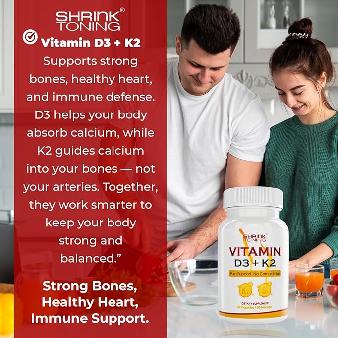 shrink Toning Supplément de Vitamine D3 + K2 – 125 mcg Vitamine D₃ & 100 mcg K₂ – Soutien Immunitaire & Osseux – Sans OGM, Sans Gluten – 60 Gélules