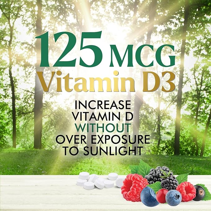 Vitamine D3 5000 UI (125 mcg) Vitamine D extra forte Nature's - Comprimés à croquer pour le soutien immunitaire, les os, les dents et les muscles - Sans sucre, sans OGM, sans gluten - 120 comprimés