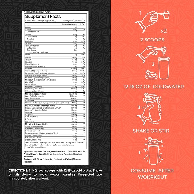 Max Muscle Arm Plus+ Anabolic Recovery Matrix | 25g Protein, 8g Bcaas, 3g Creatine Monohydrate | Whey Protein, Amino Acids, Antioxidants, Glutamine, Electrolytes (Tropical Punch, 2.54 lb)
