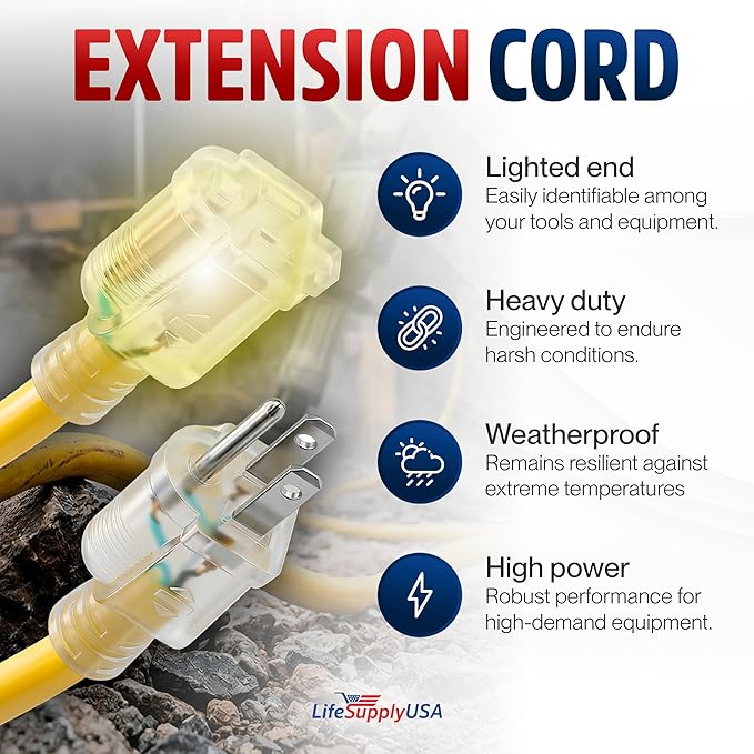 10ft Outdoor/Indoor Extension Cord 14/3 Gauge Heavy Duty 3 Prong SJTW, Waterproof, Flexible Cold-Resistant Long Power Cord,15A 125V 1875W, Yellow by LifeSupplyUSA