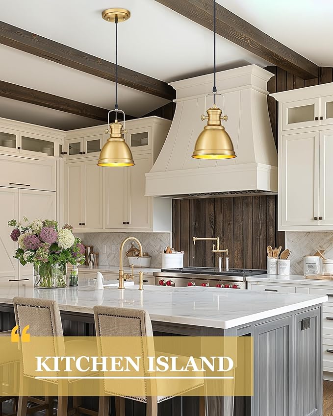 Pendant Lights Kitchen Island, Farmhouse Hanging Lights Fixtures with Metal Shade, Rustic Kitchen Pendant Lighting Over Island for Dining Room, Brushed Gold, AD-2151-1P-GD
