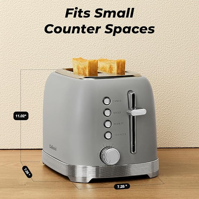 Toaster 2 Slice Retro Stainless Steel with 1.5” Extra Wide Slots Bagel, Defrost, Reheat, Cancel Functions, 6 Bread Shade Settings, Removable Crumb Tray, Gray