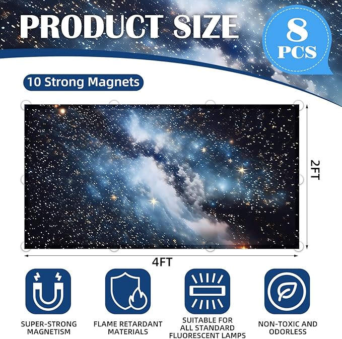 ANGSYLTH 8 Pcs Fluorescent Light Covers - 4 x 2 Feet Covers for Ceiling Lights, 8 x 10 Magnetic Light Filters for Classroom, Office, Hospitals (Galaxy)