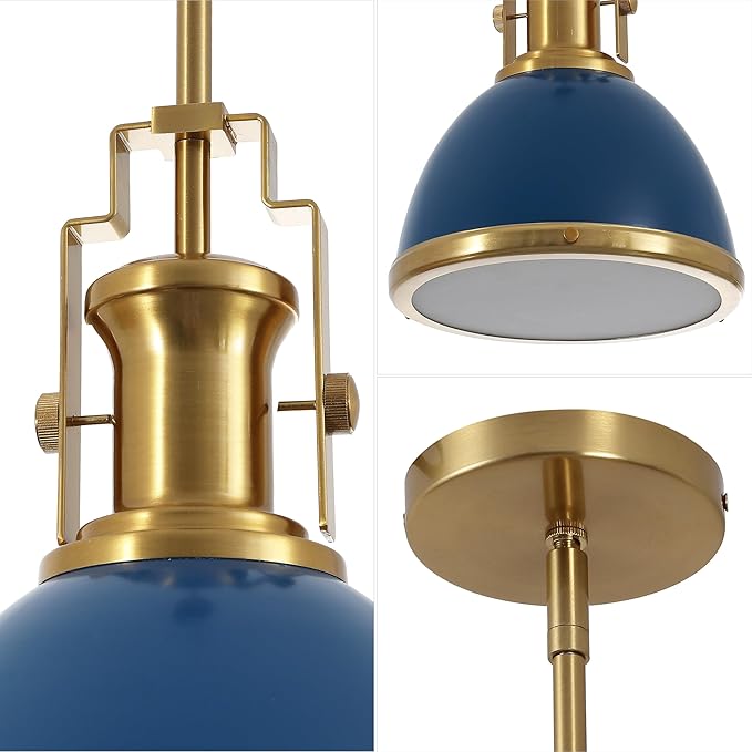 JONATHAN Y JYL9535G 10" Modern Industrial Dome Pendant Light, Farmhouse Hanging Light Fixture in Navy and Brass Gold, Adjustable Height Metal Lighting for Kitchen Island, Dining Room, Entryway