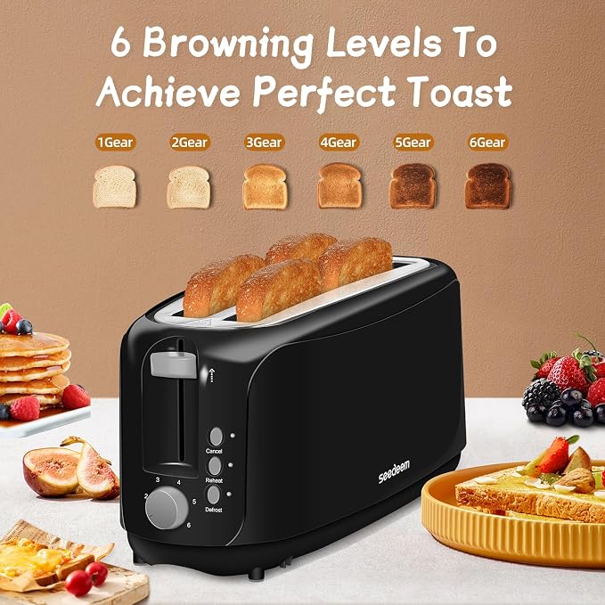 SEEDEEM 4 Slice Toaster, Extra Wide Slots Bread Toaster with 6 Shade Settings, Bagel/Cancel/Defrost/Reheat Functions, Removable Crumb Tray, Auto Shut-Off, Black
