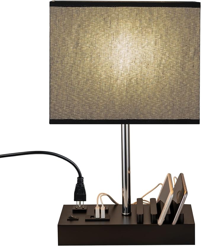 Briever USB Table Lamp, Multi-Functional Desk Lamp with 2 AC Outlets, Bedside Lamp with 3 USB Charging Ports and Wooden Phone Stands, Nightstand Lamp for Bedroom, Livingroom, Office, Black Shade