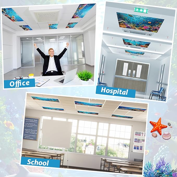 12 Pcs Fluorescent Light Covers with 120 Magnets Decorative for Classroom Ceiling Light 4 x 2 Feet Magnetic Light Covers Filter Easy Install for Office Hospitals & Home Ceiling Supplies(Ocean Animal)