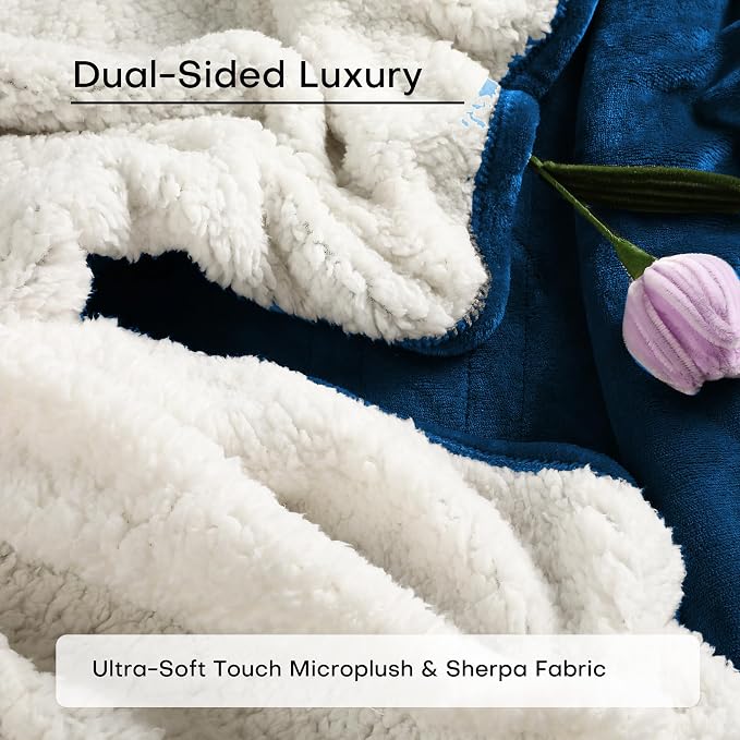 Electric Heated Blanket 62"x84" Twin Size for Safe All Night Rest, Flannel Material&Sheepskin Fabric for Bedroom Couch Use, 5 Heat Settings & 10 Hours Auto Off, Machine Washable, Dark Blue&White
