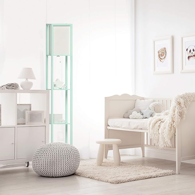 Simple Designs LF1014-AQU-LB Three Shelf Etagere Organizer Storage Floor Lamp with White Linen Shade for Living Room, Bedroom, Office, Hallway, Aqua, with Feit LED Bulb Included