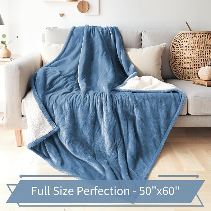 Electric Heated Blanket Throw Size 50"x60" - Flannel & Sherpa Fabric Dual-Sided, 6 Heat Settings & 1-3 Hours Auto Off, Soft & Cozy Warming Throw for Home, Office, or Bed, Machine Washable, Slate Blue