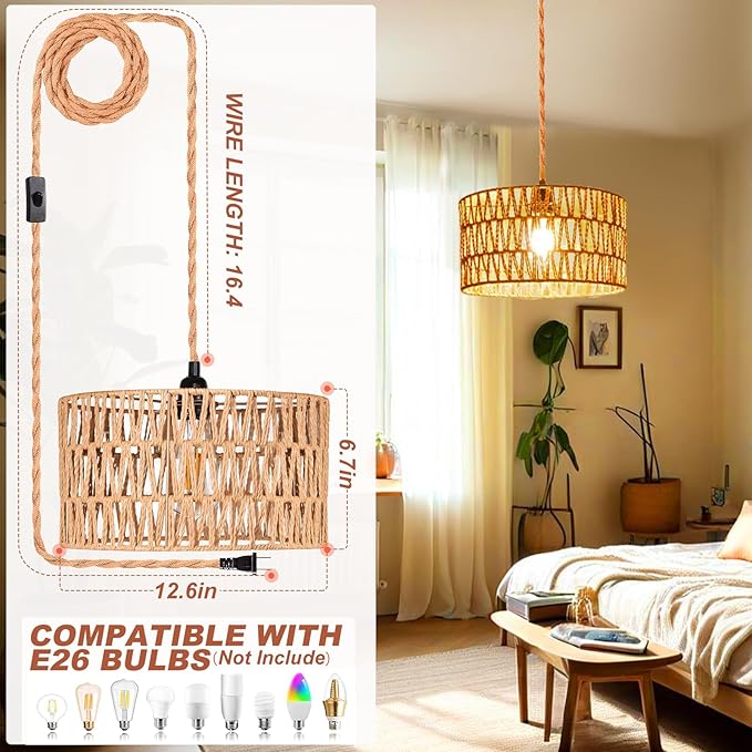 Plug in Pendant Light,Rattan Hanging Lights with Plug in Cord,Handmade Hanging Lamp Plug in,Rattan Light Fixtures Ceiling Hanging for Living Room Bedroom