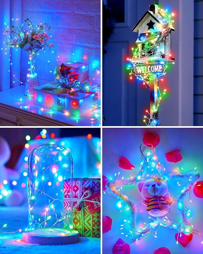 Battery Operated Fairy Lights, 10Feet 120LEDs Firecracker String Lights Waterproof Silver Wire Starry Firefly Lights for DIY Wreath Home Wedding Indoor Outdoor Christmas Decorations, Multicolor