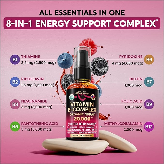 Vaporisateur liquide de vitamine B-Complexe certifié biologique par l'USDA 8-en-1 - B5 Acide pantothénique | B12 Méthylcobalamine | B1 Thiamine | B6 Pyridoxine | B7 Biotine | B9 Acide folique | B3 Niacinamide - Complément fabriqué aux États-Unis, 60 ml