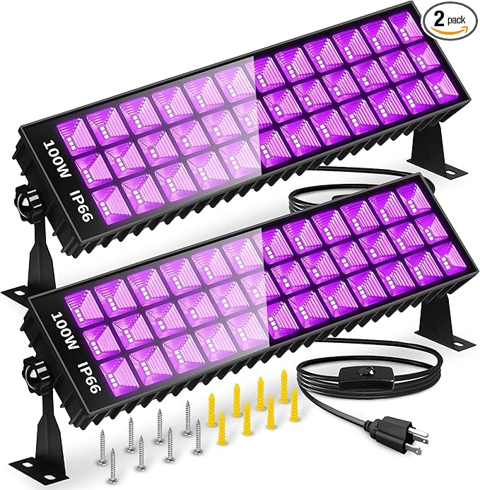 THECHAM 2 Pack 100W LED Black Lights Bar, Black Light for Glow Party, 385-400nm Blacklight Flood Light for Blacklight Party, Bedroom, Halloween, Fluorescent Poster, Body Paint