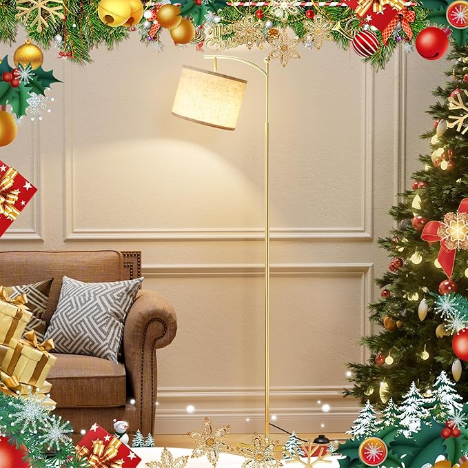 Ambimall 60" Gold Floor Lamp with Remote Control and Stepless Dimmable Bulb, Colors Temperature & Brightness Adjustable, Modern Floor Lamps for Living Room, Beige Shade & Gold Pole
