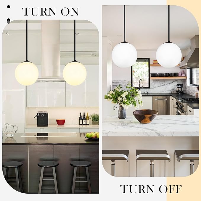 Bagood 10 Inch Globe Pendant Light Contemporary Globe Pendant Lights Black Mid Century Pendant Light Adjustable Hanging Light Fixture Matte Black Finished with Milk Glass Lampshade for Kitchen Island