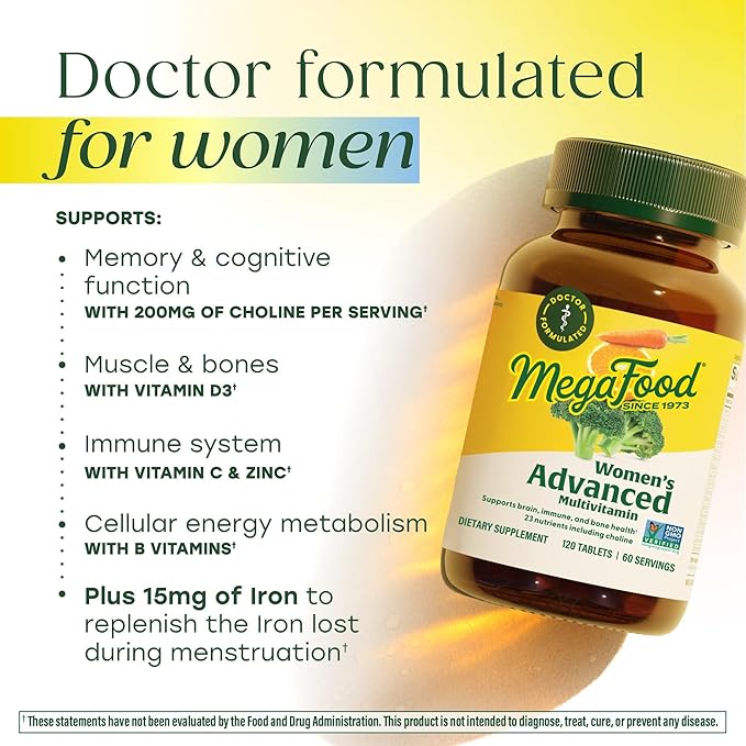 MegaFood Multivitamine avancée pour femmes – Formule de médecin avec fer, choline, vitamine D, vitamine C et zinc – Santé cérébrale – Soutien immunitaire – Sans OGM – Végétarien – 120 comprimés (60 portions)