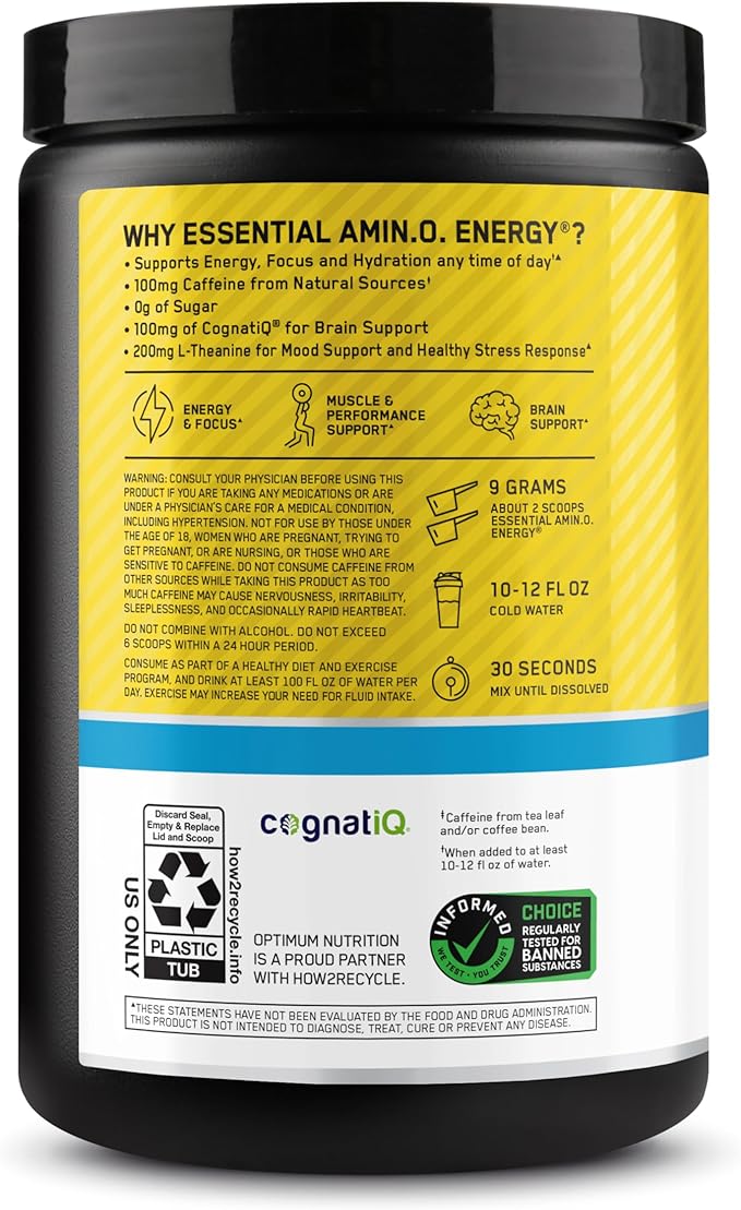 Optimum Nutrition Amino Energy Powder Plus Focus, with BCAA, Electrolytes, and Caffeine, Pineapple Twist, 30 Servings (Packaging May Vary)