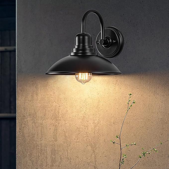GOLDHILL Textured Black Gooseneck Barn Light 2 Pack, Farmhouse Bathroom Vanity Sconce with E26 Base, Powder Coated Metal Exterior Wall Sconce for Garage Porch and Mirror Side