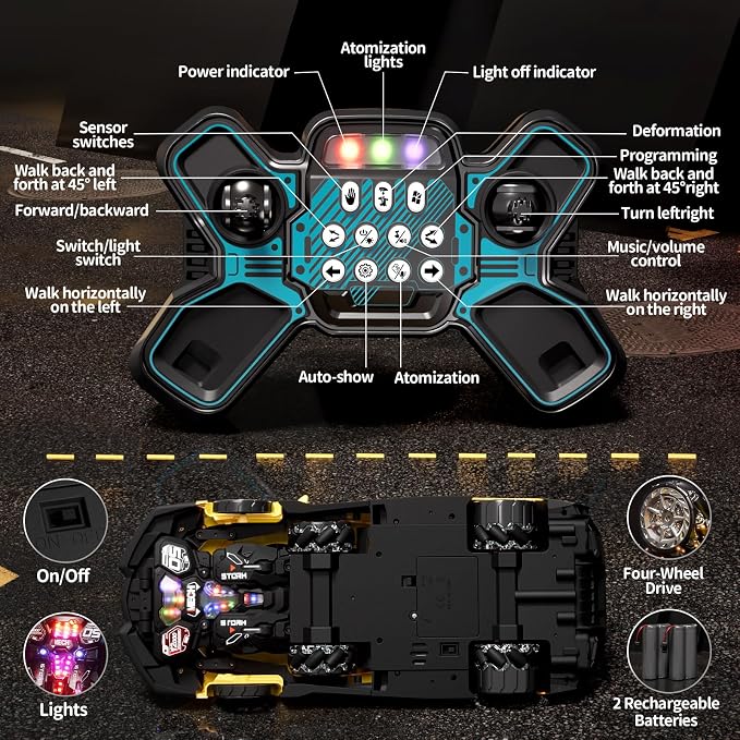 1:10 Big Size Transform RC Car, Gesture Sensing Transformation 2.4GHz Remote Control Car, One Button Deformation to Robot with LED Lights, Transforming Toy Cars Gift for Kids Age 8-12 Years Old Boys