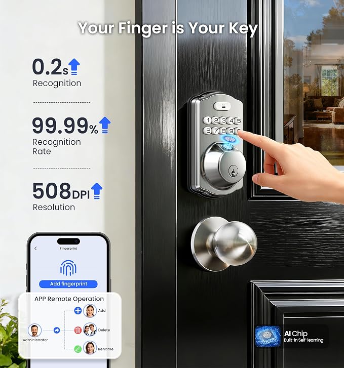 Veise VE012W-K Built-in WiFi Fingerprint Smart Lock with 2 Knobs, No Hub Needed, Remote APP Control, Keyless Entry Door Lock, Smart Deadbolt for Front Door, Auto Locking, Satin Nickel