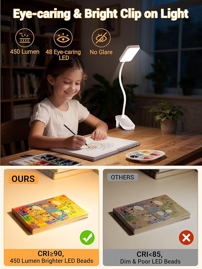 Clip on Lamp,9 Brightness+5 Color Clamp Light,4000mAh Battery Rechargeable Desk Lamp with Clamp,450 Lumen 48 LED Desk Light,Cordless Reading Lights for Books in Bed/Headboard/Bedside Table/Dorm Room