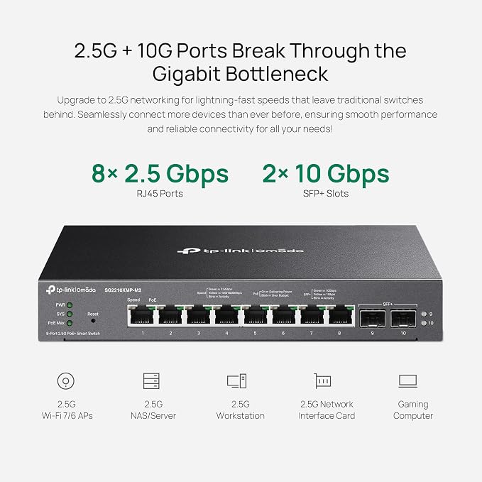 TP-Link SG2210XMP-M2 Omada 8-Port 2.5GBASE-T and 2 10GE SFP+ Smart Switch with PoE+